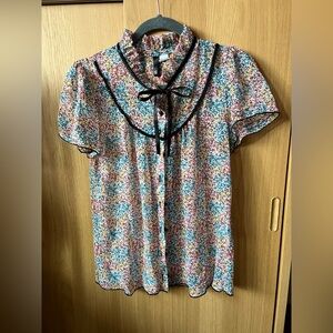 H&M Multicolor Floral Blouse with Black Ribbon Tie